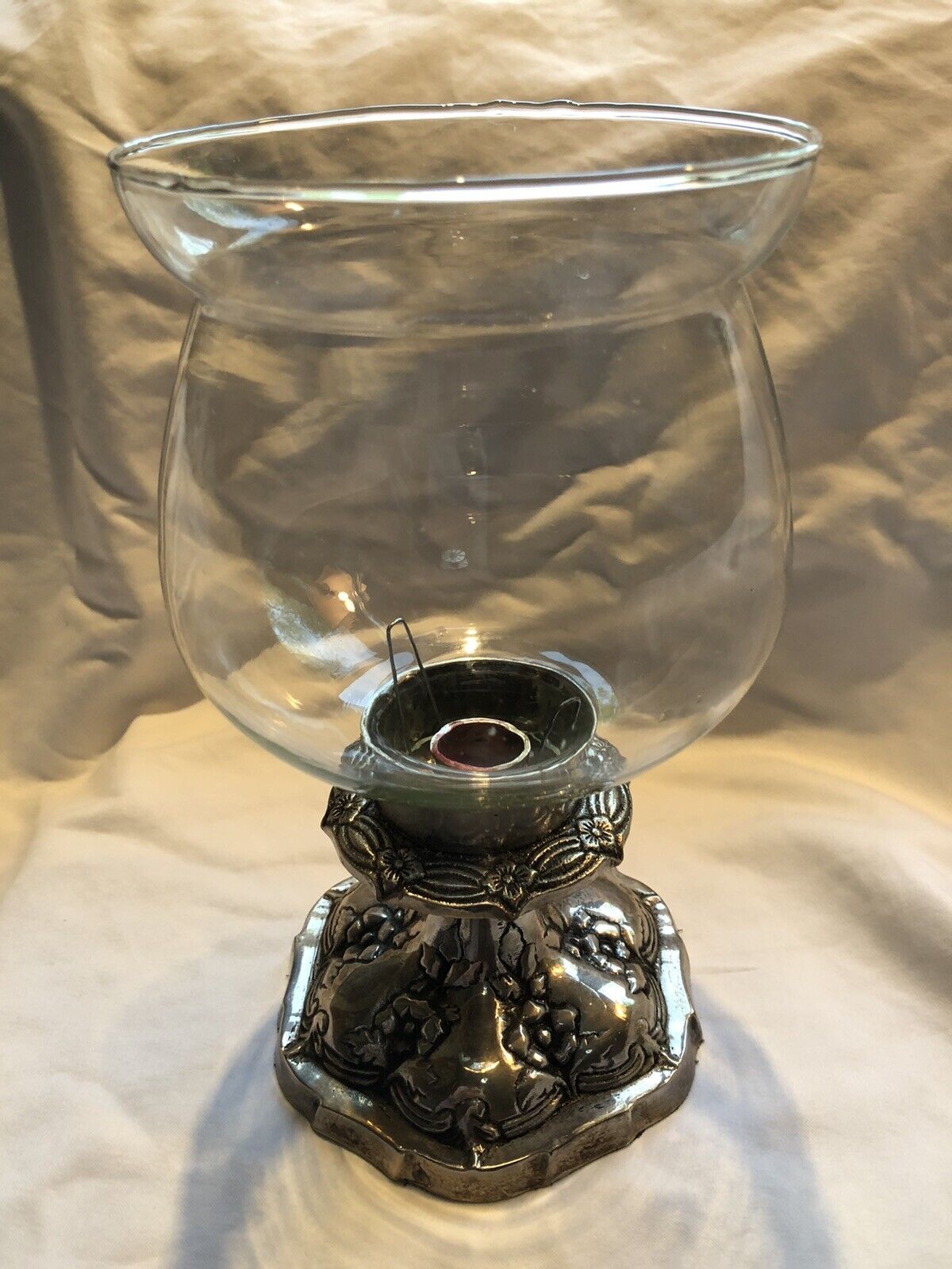 Pewter And Glass Hurricane Lamp Candle Holder Taper 10” 