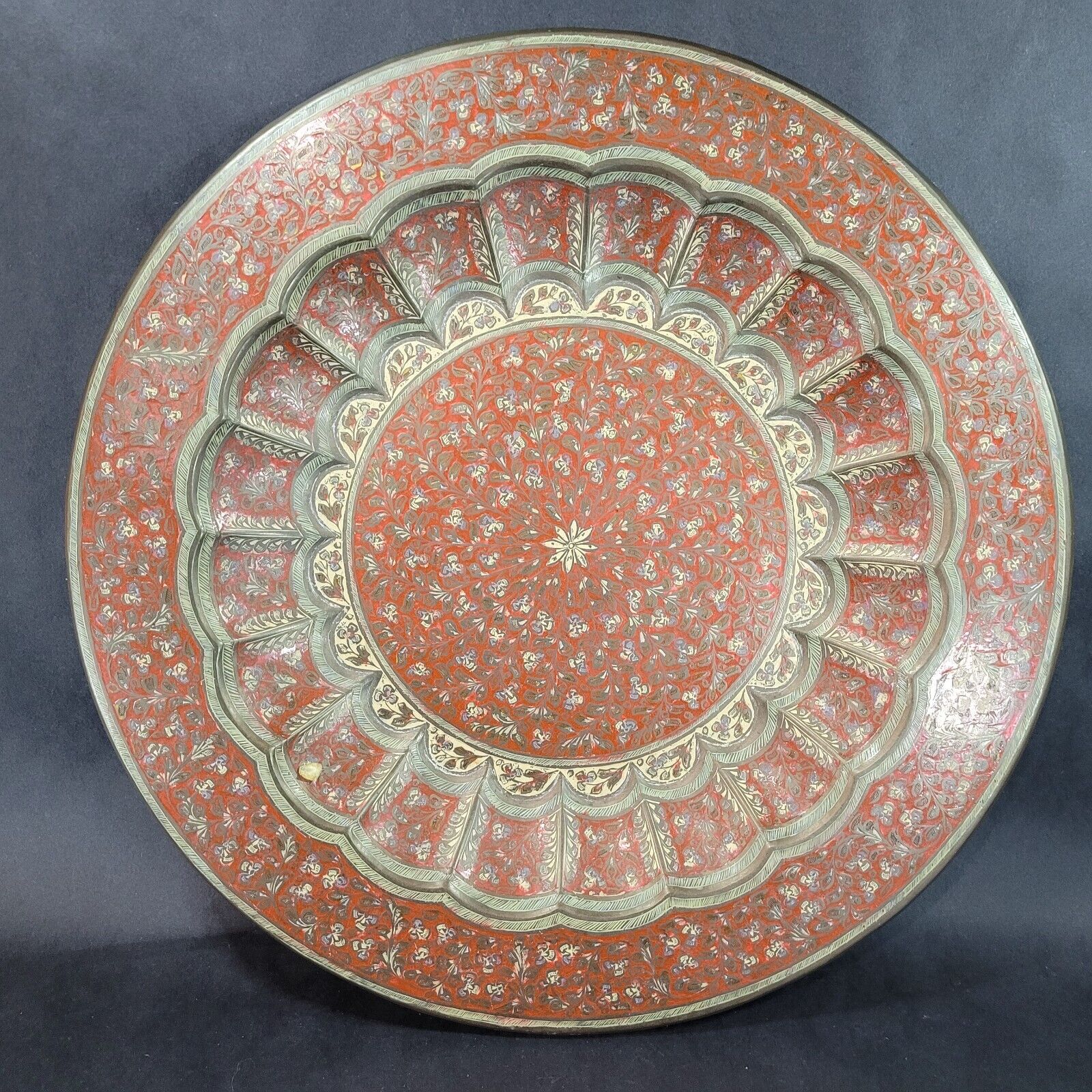 Vintage Turkish Etched Copper Wall Plaque Hanging 17.25 inch Diameter Red #2
