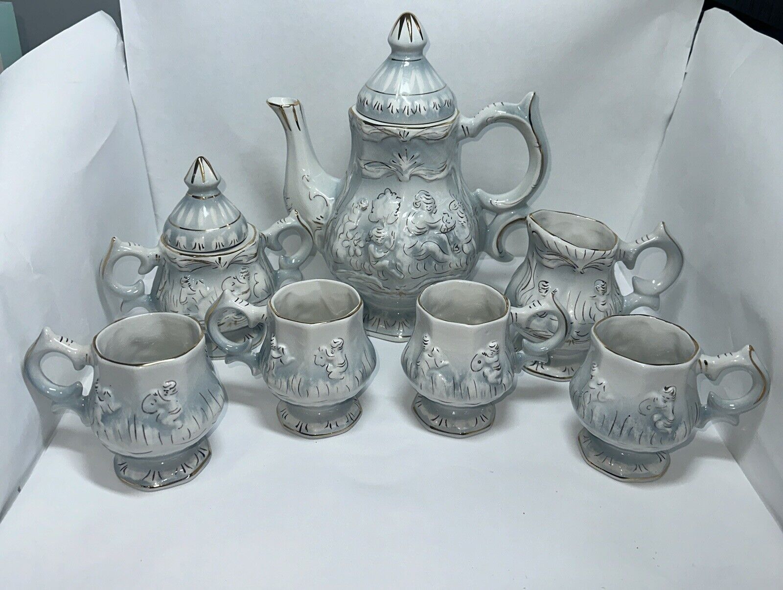 Antique Portugal Tea Set Light Blue With Gold And White Highlights Numbered 1002