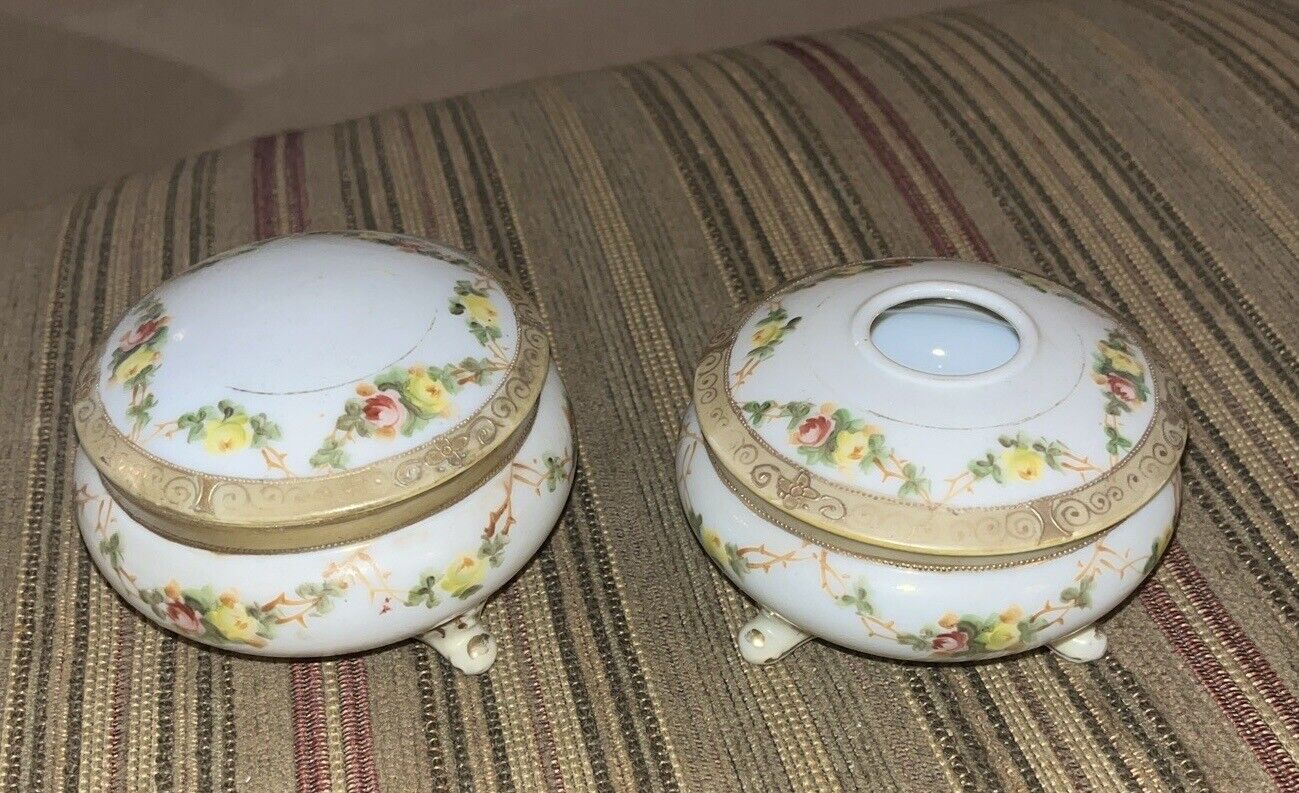 Antique Nippon Japan Hand Painted Footed Porcelain Hair Receiver&Powder Box Set
