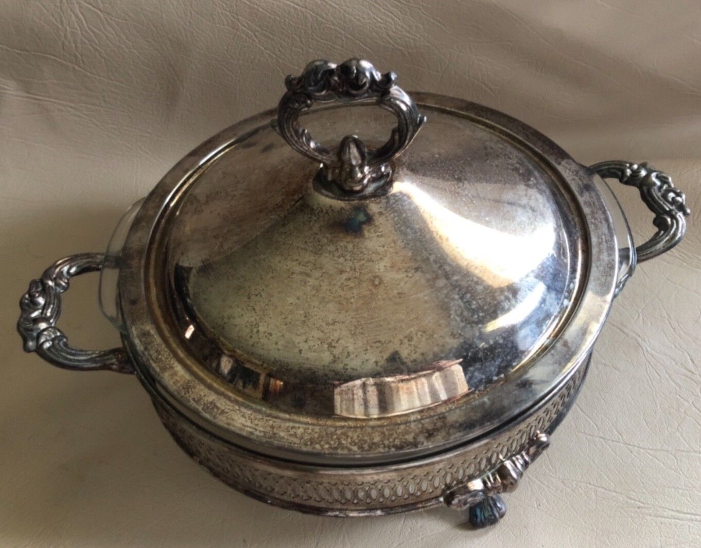 Raimond Silverplate covered serving dish w Anchor Hocking Fire King glass dish
