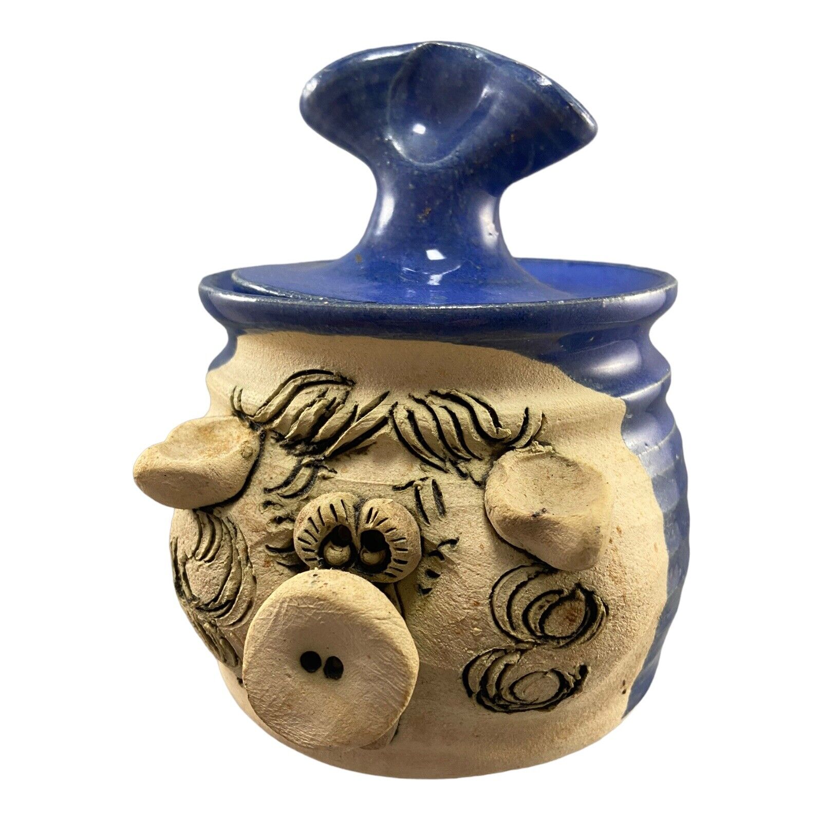 Art Pottery Ceramic Pig Swine Trinket Box Jar Cobalt Blue Beige Black Signed