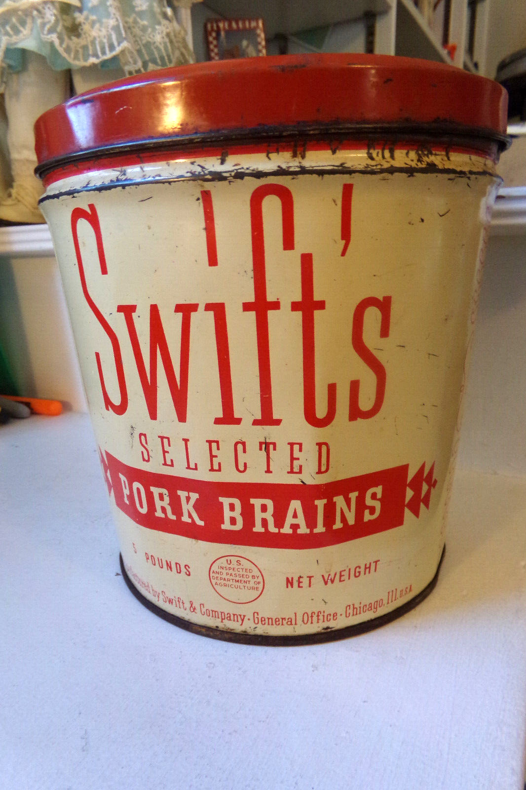 Rare Vintage Swift\'s Packing Co. Pork Brains 5lb Tin Can  w/ Lid