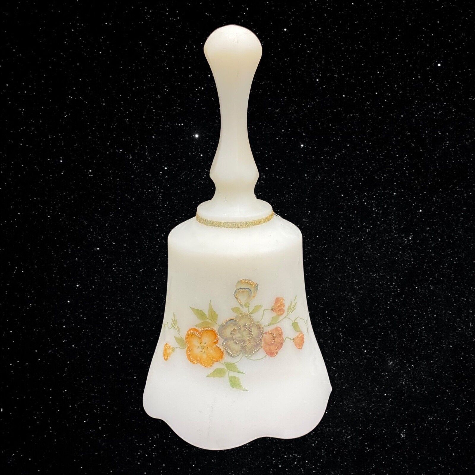 Fenton Hand Painted Custard Glass Floral Satin Frosted Bell Signed 6”T 3”W