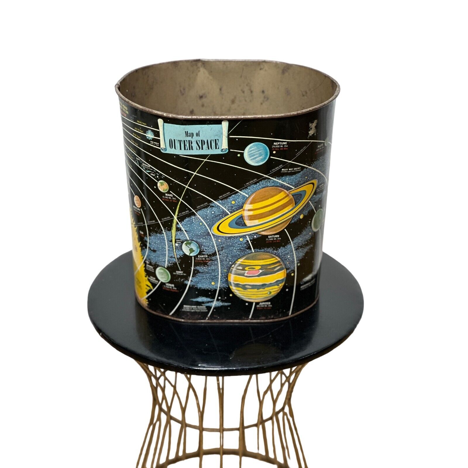Vintage 60s Decoware outer space trash can with planets