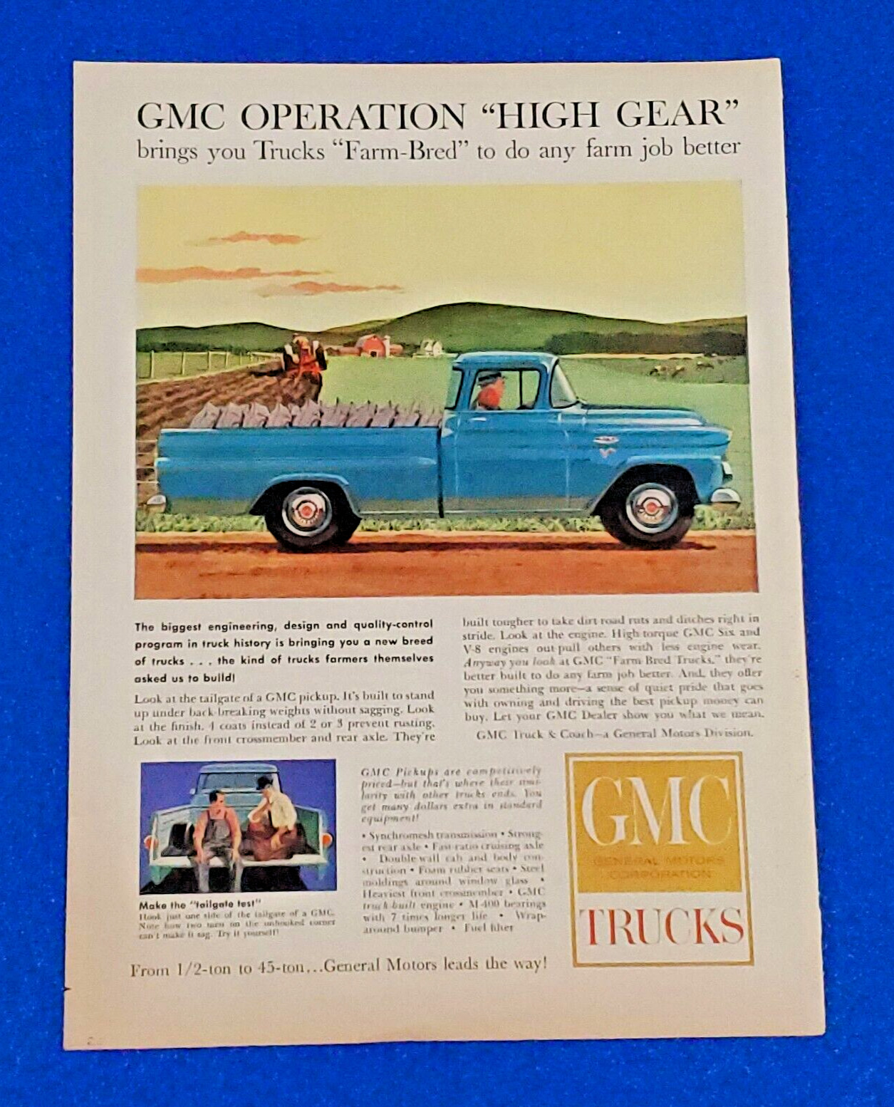 1959 GMC V8 FARM TRUCK ORIGINAL COLOR PRINT AD SHIPS FREE CLASSIC GM (LOT BLUE)