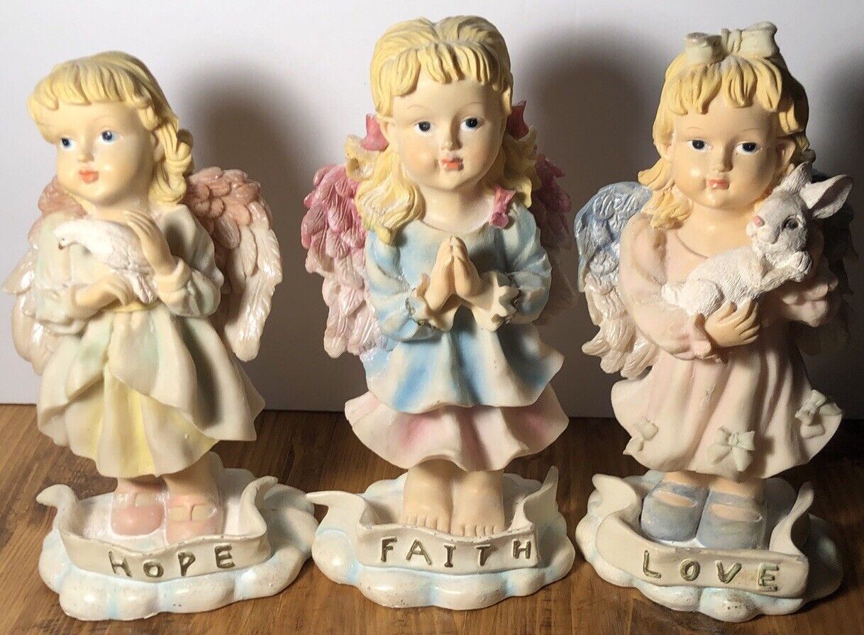 Set 3 Vintage Angel Figurines DWK 2002 Resin Faith Hope Love Banners