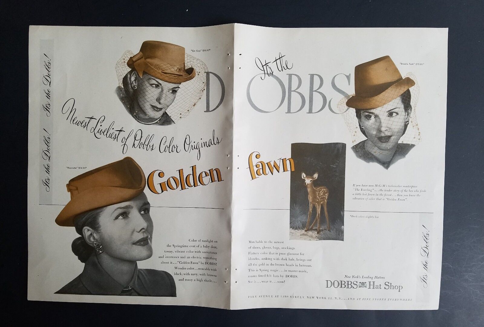1947 Dobbs women\'s golden fawn go gay Henriette Double talk vintage hat ad