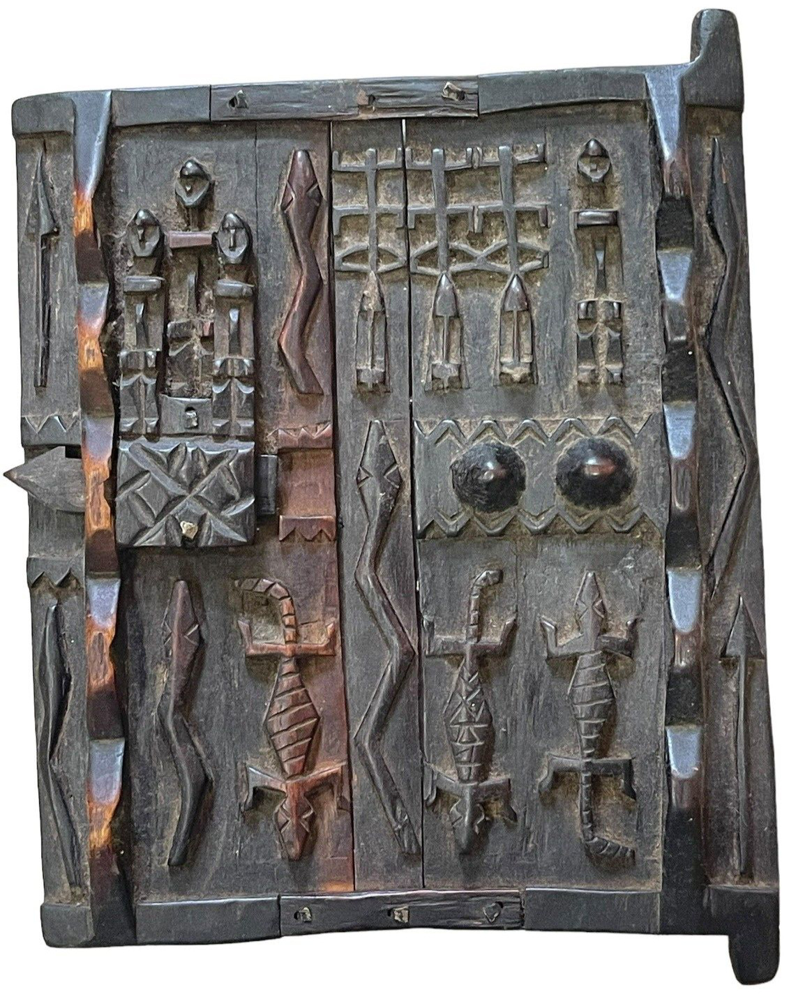 African Dogon Carved Wood Granary Door People Lizards Snakes Sliding Latch 14.5\