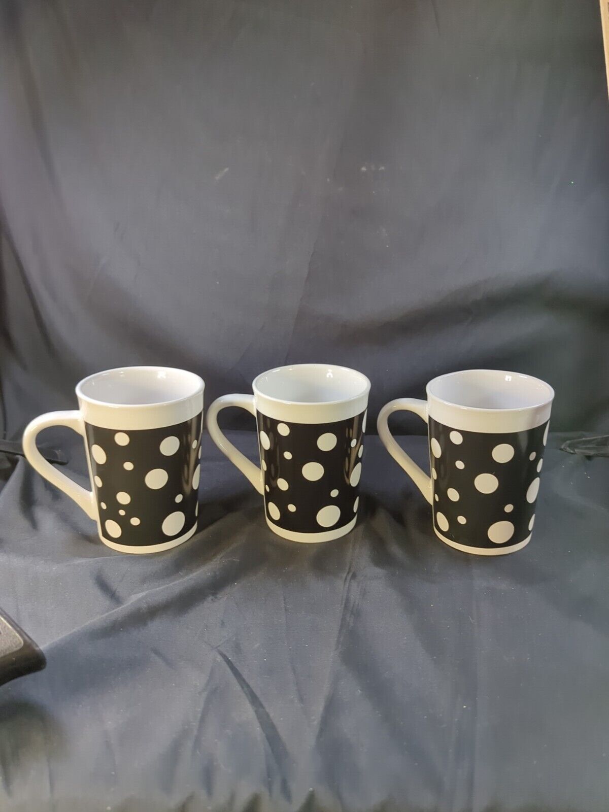 Royal Norfolk 15 oz Coffee mug Black and White Polka Dot Stoneware Set 3 Mugs