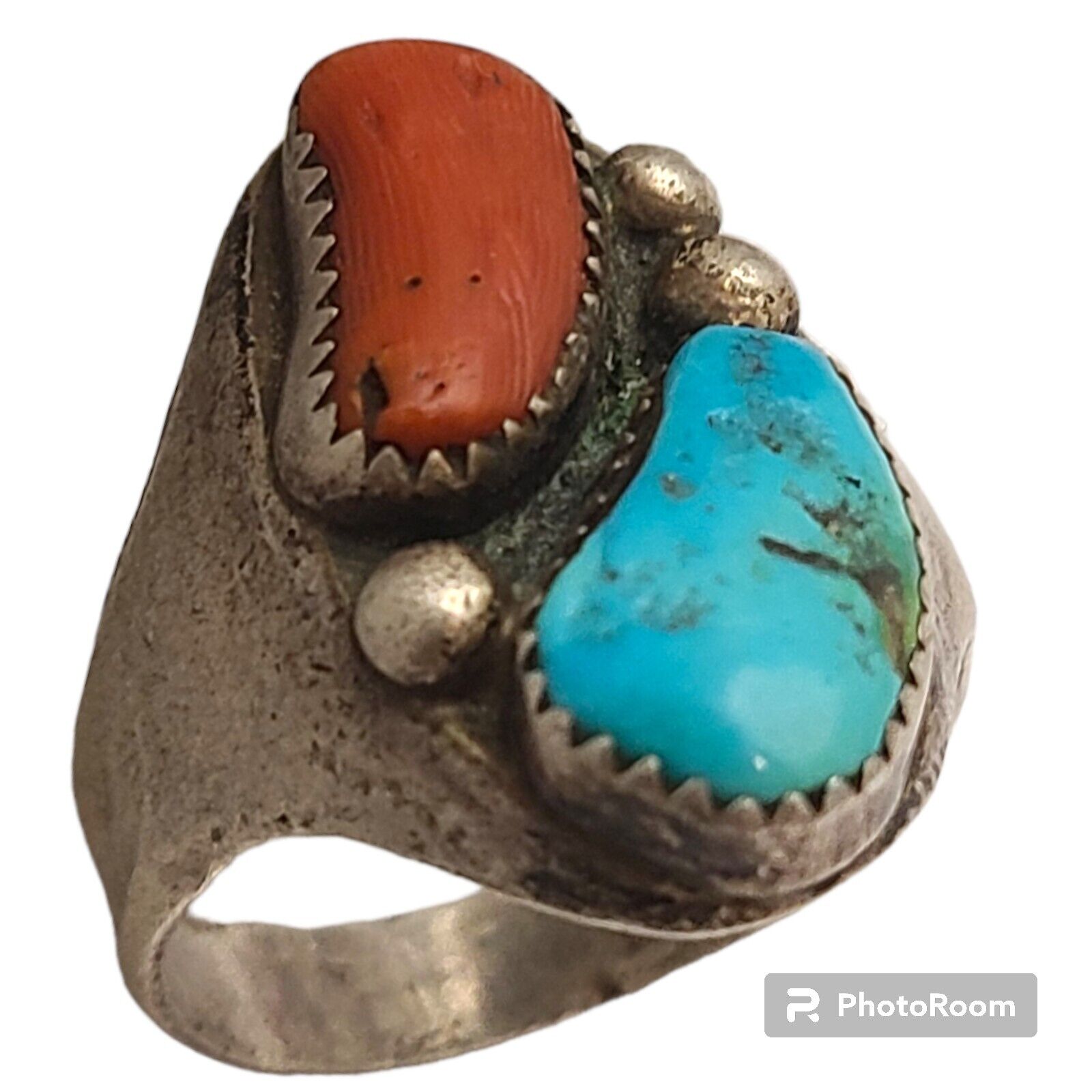 Vintage Richard Long Navajo Sterling Silver Turquoise Coral Turquoise Ring12.75