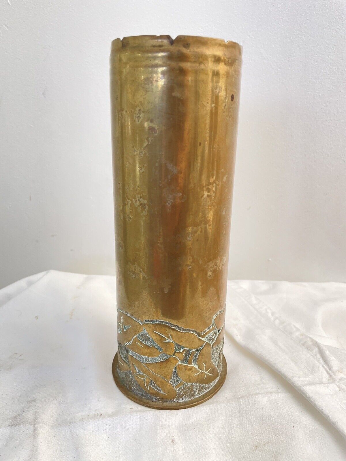 Antique WWI Shell Casing Trench Art Vase Militaria 1918 Brass Leaves Hand Made