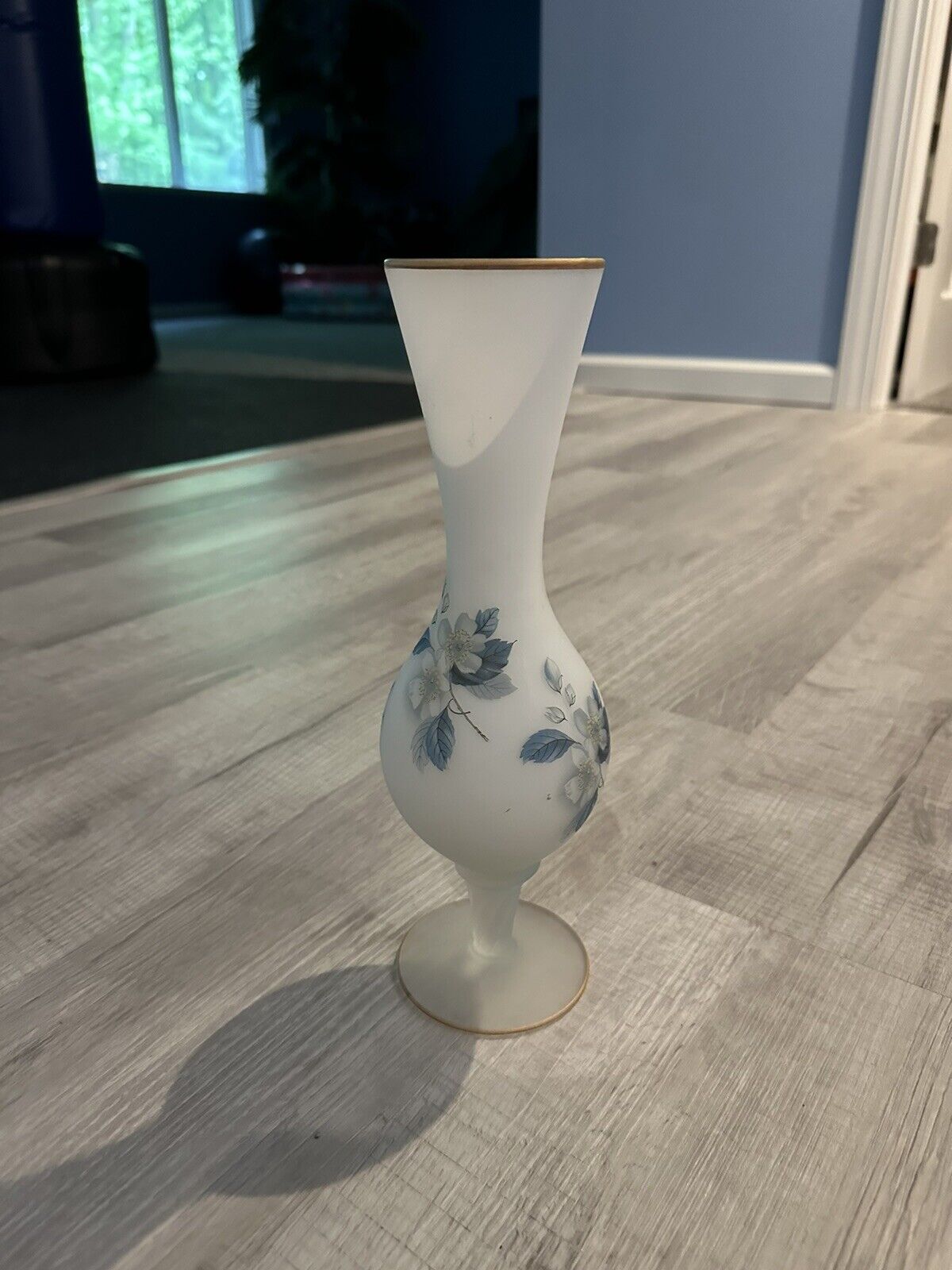 Vintage Norleans Footed White Satin Frosted Glass Vase w/ Floral Pattern
