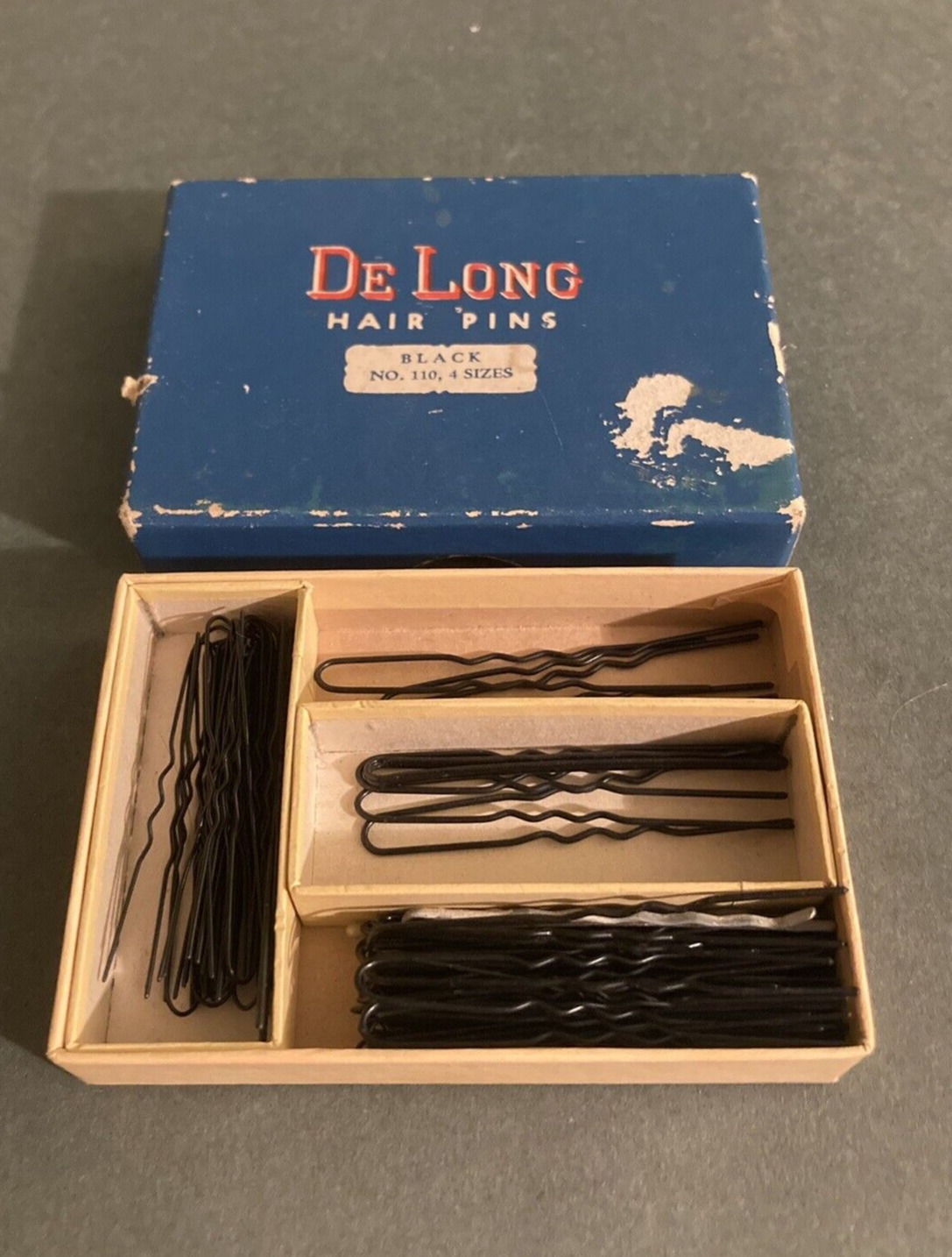Vintage DeLong Black Hairpins Bobby Pins in Original Box No. 110 4 Sizes