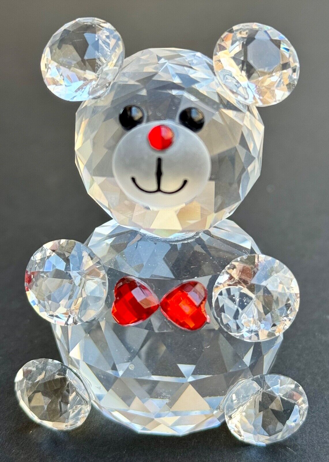 Small Clear Crystal Sitting Teddy Bear Figurine Red Bowtie & Nose,  Black Eyes