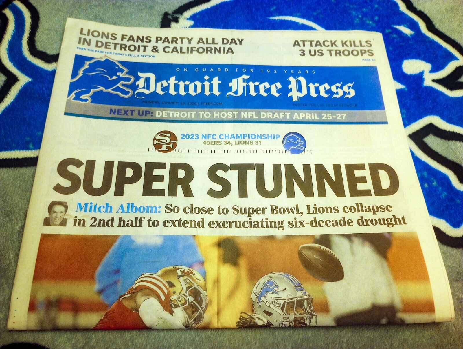SUPER STUNNED Detroit Free Press 1/29/24 - Detroit Lions Lose NFC Championship 