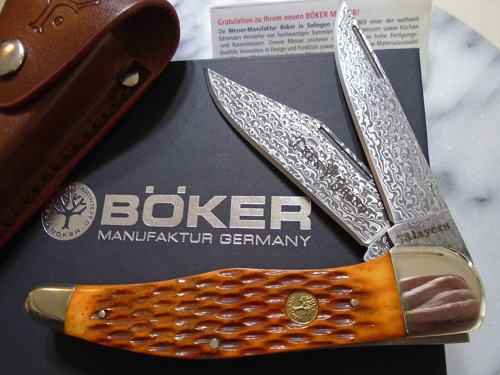 Boker Tree Brand Germany Damascus 2 Blade Folding Hunter Pocket Knife Jig Bone