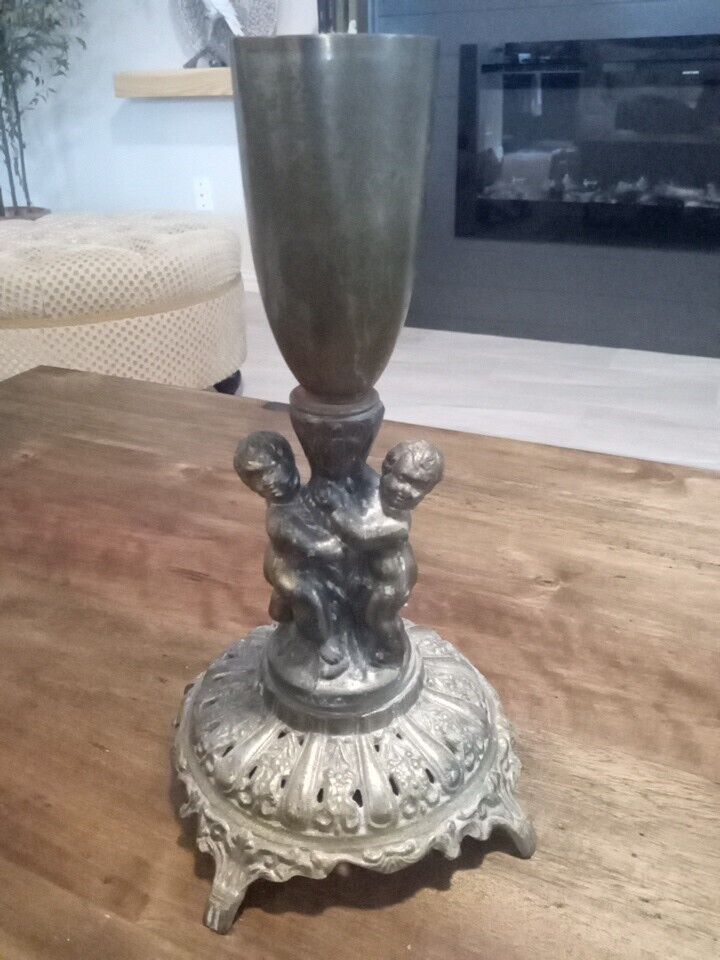 VINTAGE 12.5” CAST METAL ORNATE Vase/HOLDER w CHERUBS