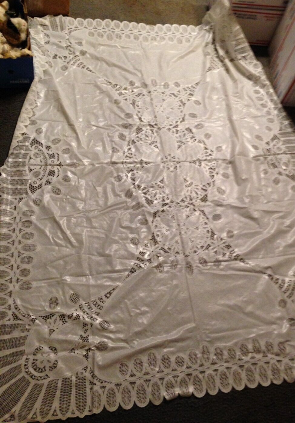 Vintage White Vinyl Lace Tablecloth 70” x 52”