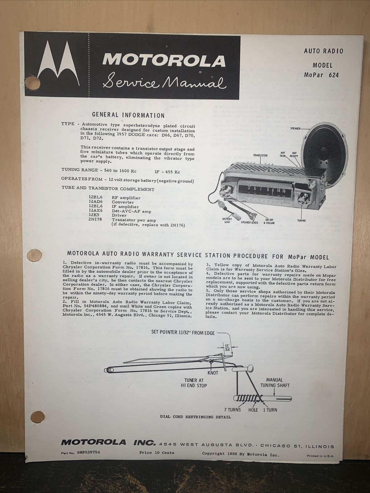 Motorola Radio -Service Manual- For 1957 Dodge Cars Schematics, Parts List.#624