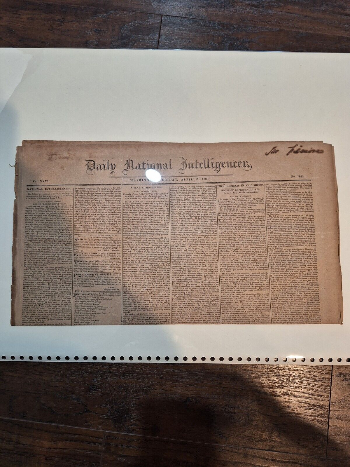 1838 Extremely Rare Newspaper * Daily National Intelligencer*