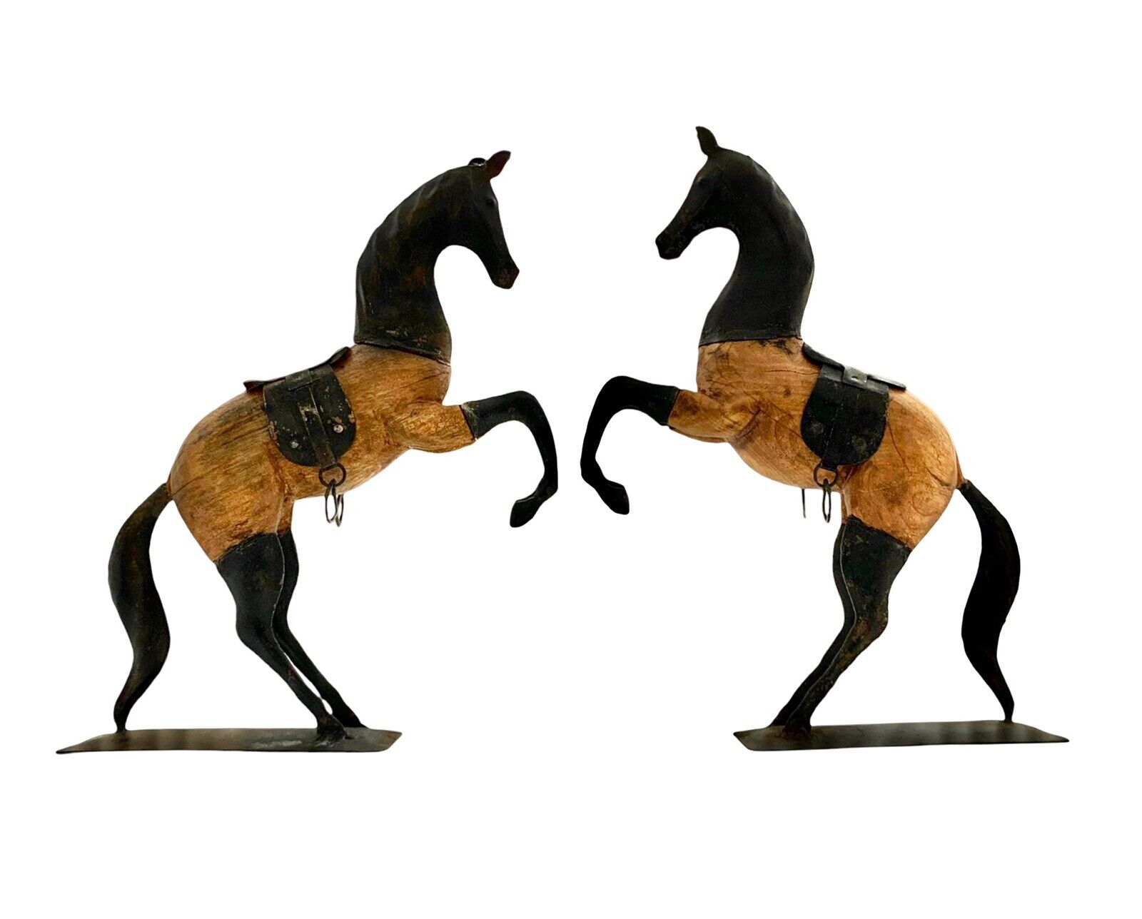Horse Statue Pair Wood and Metal Figurine Vintage Equestrian Decor