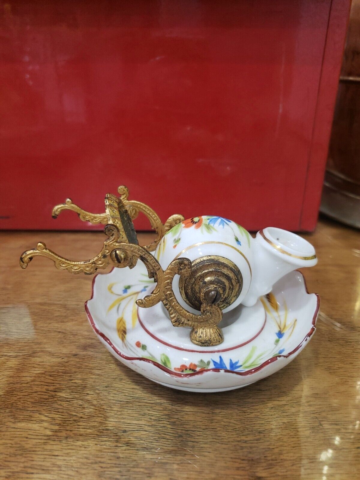 Antique 19th century French porcelain and brass inkwell and pen holder