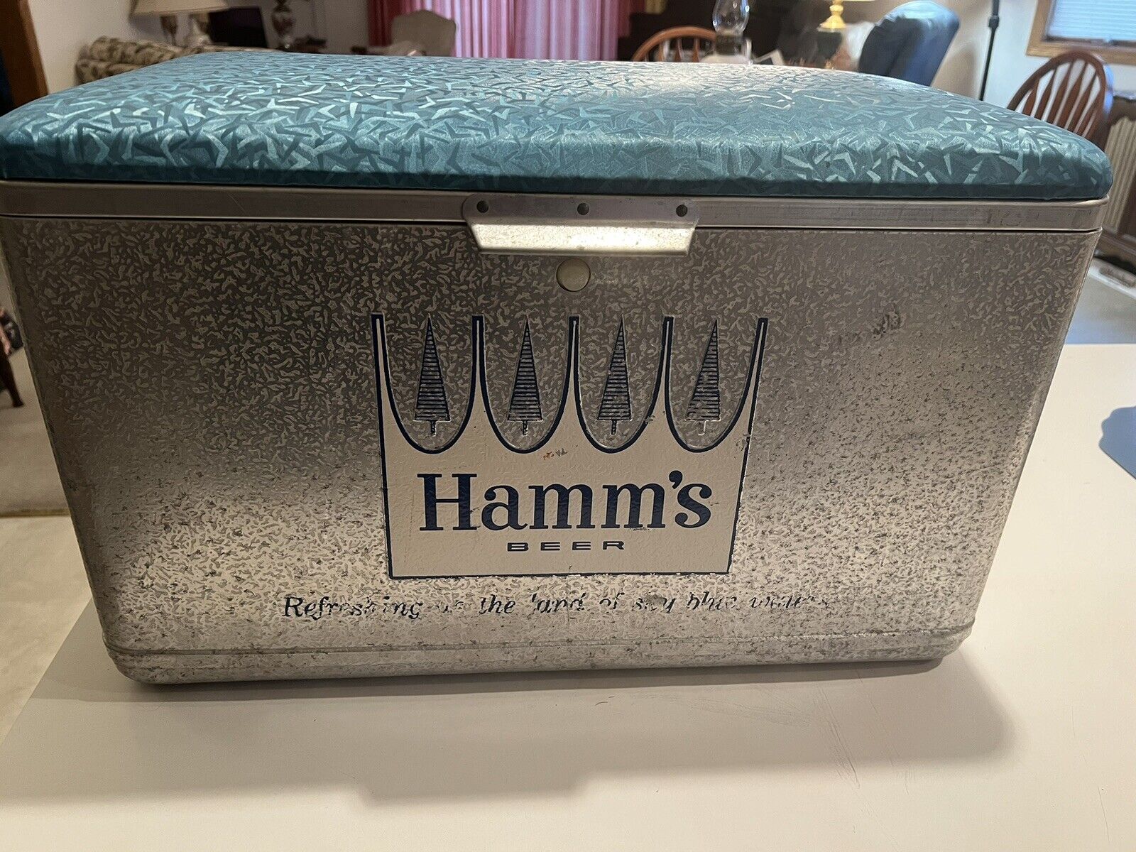 Hamm’s Beer Rare Vintage 1960’s Aluminum Cooler With Blue Cushioned Seat