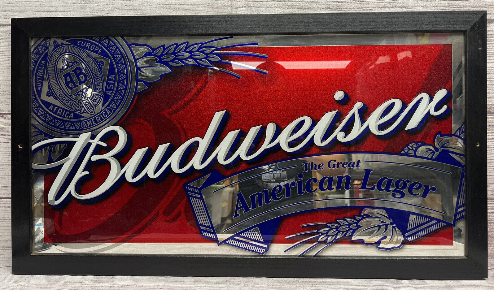 Budweiser Wood Framed Bar Wall Beer Sign Mirror Large 33.5\