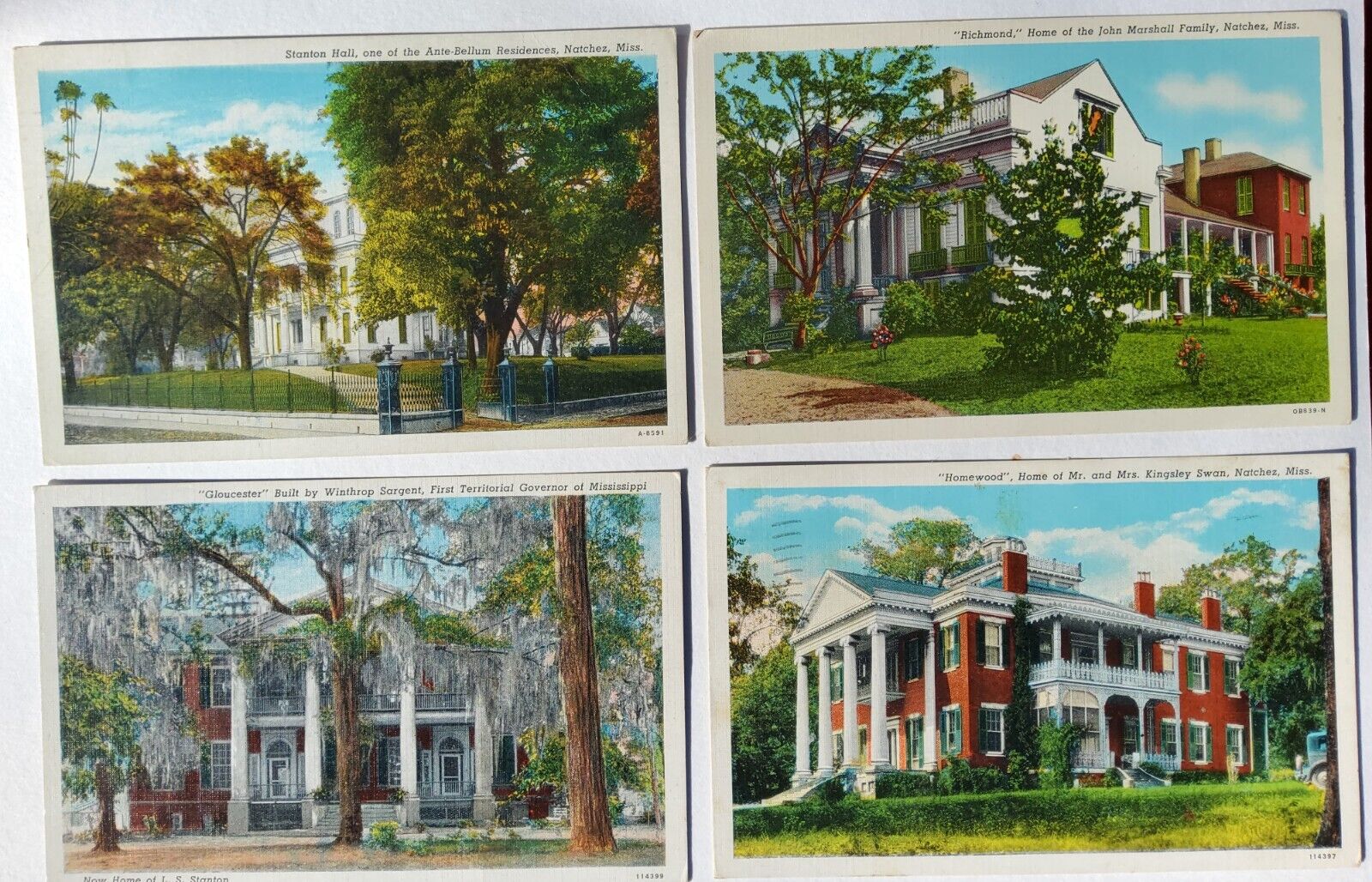 Natchez, MS Homewood, Gloucester, Sfanton Hall, Richmond Homes 4 Postcards v89