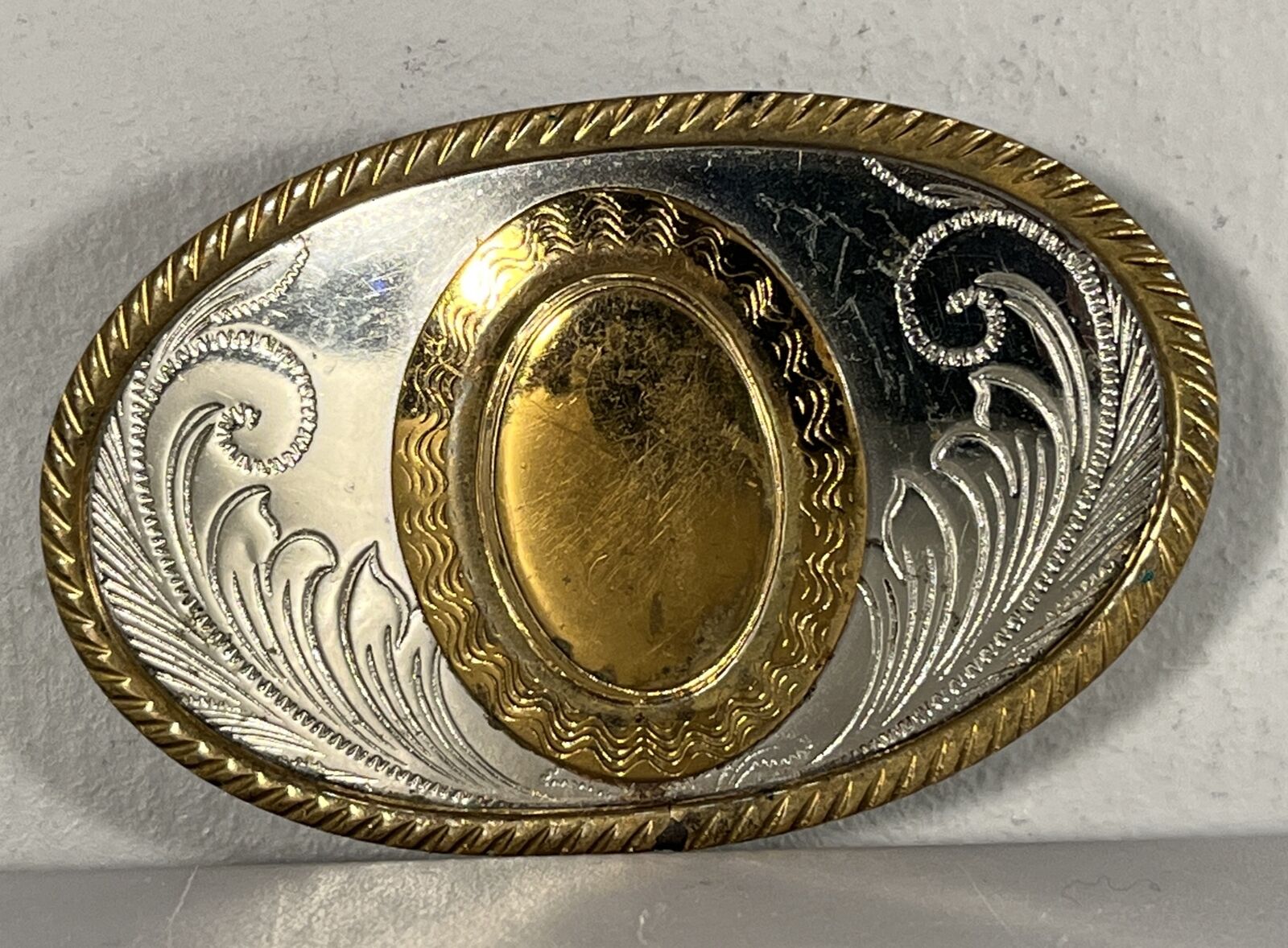 Vintage German Silver Gold Accents Oval Western Style Small Belt Buckle