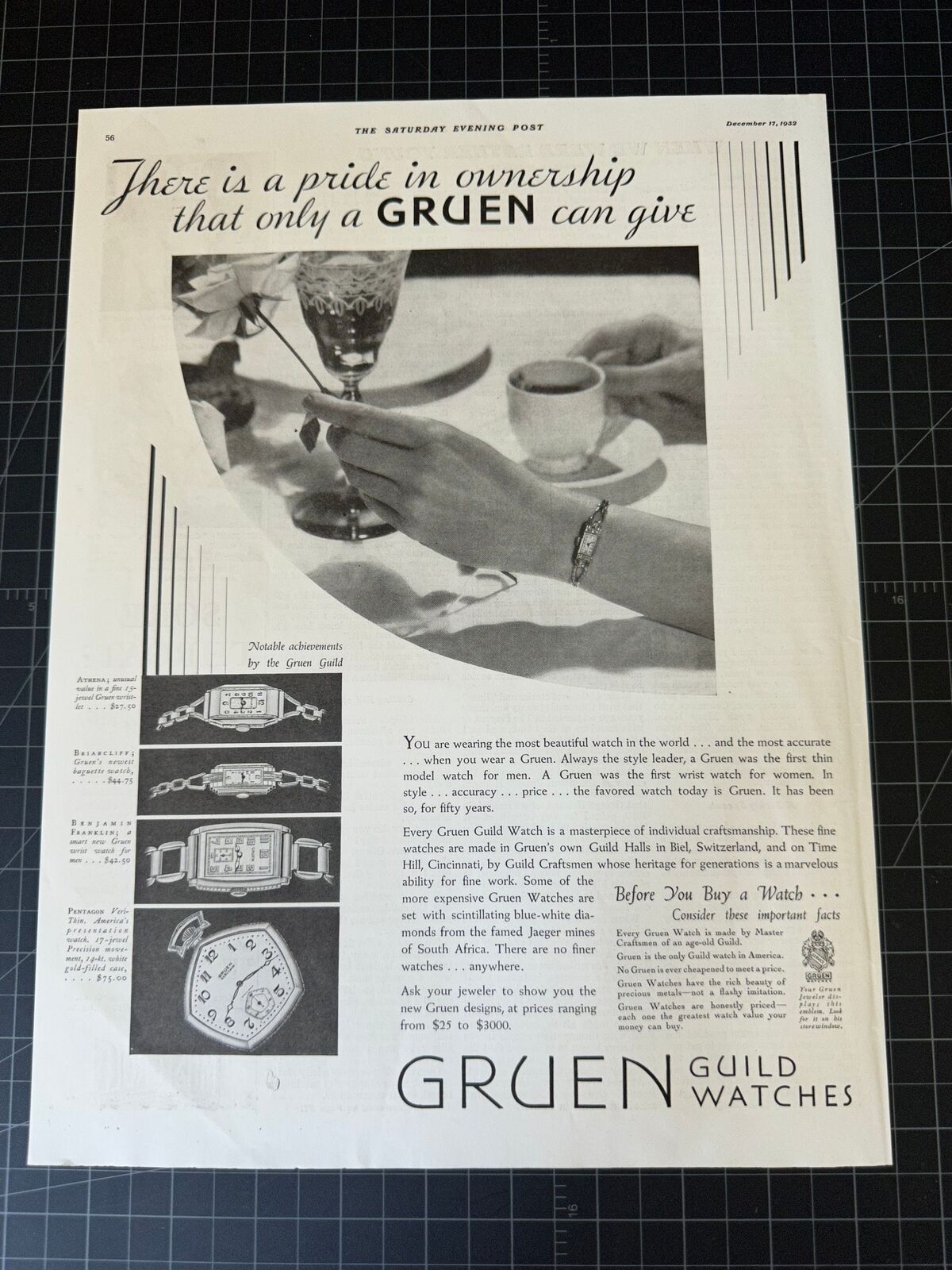 Vintage 1932 Gruen Guild Watches Print Ad