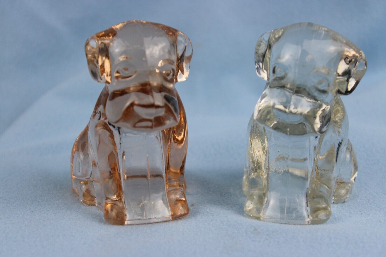 Vintage 1940\'s Federal 2 Mopey Puppies Pink & Clear Glass Candy Containers