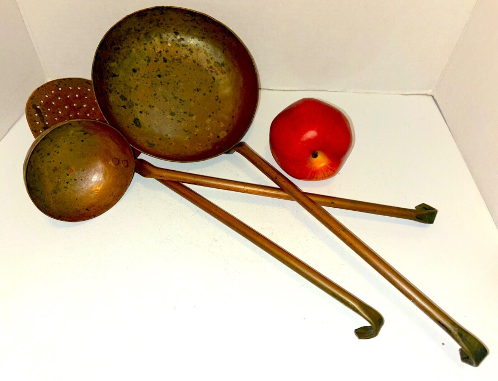 Antique Hand Wrought Set of Hammred Copper Hearth Cooking Utensils 19th century