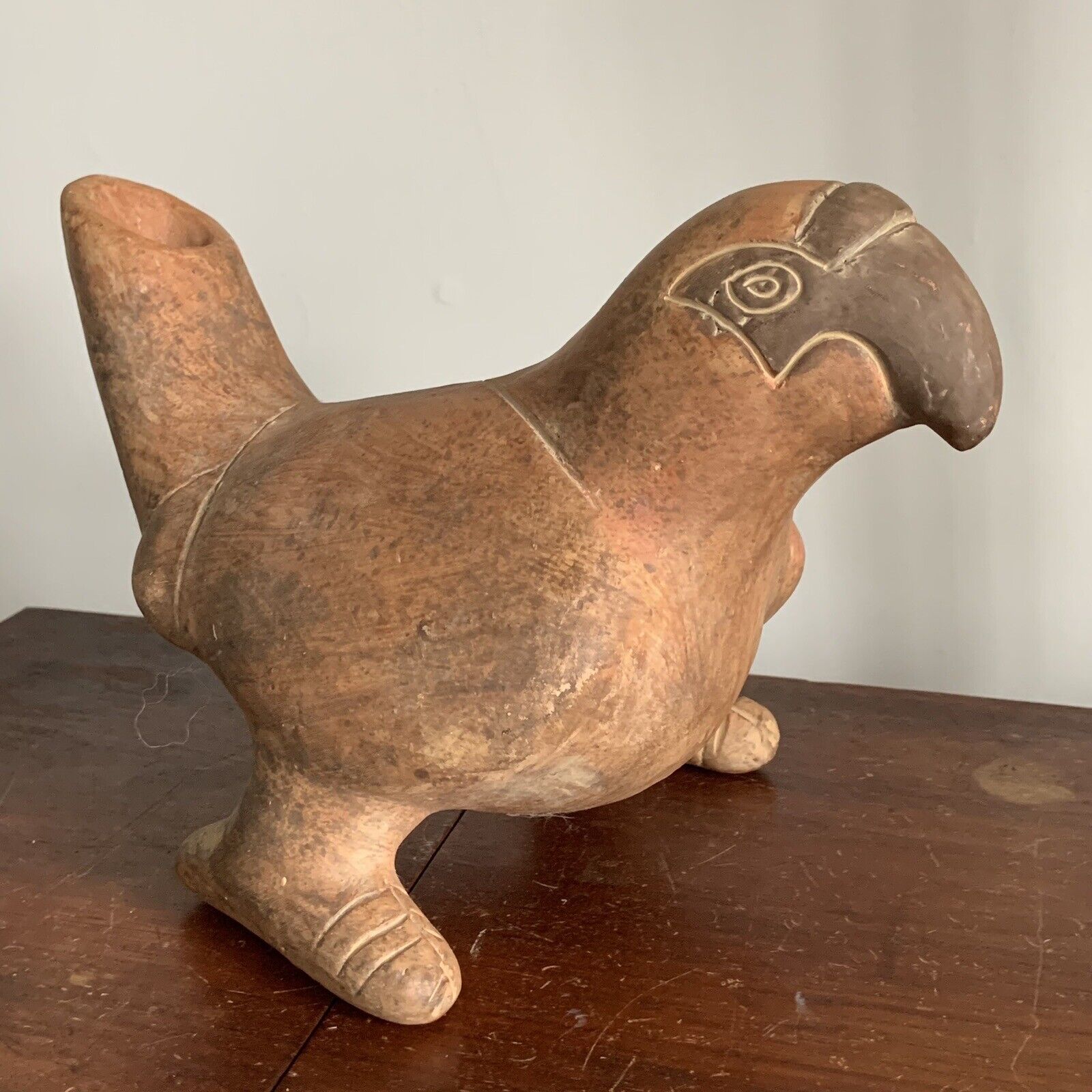 Vintage Mexican Terra Cotta Primitive Art Pottery Parrot Bird Vessel Vase