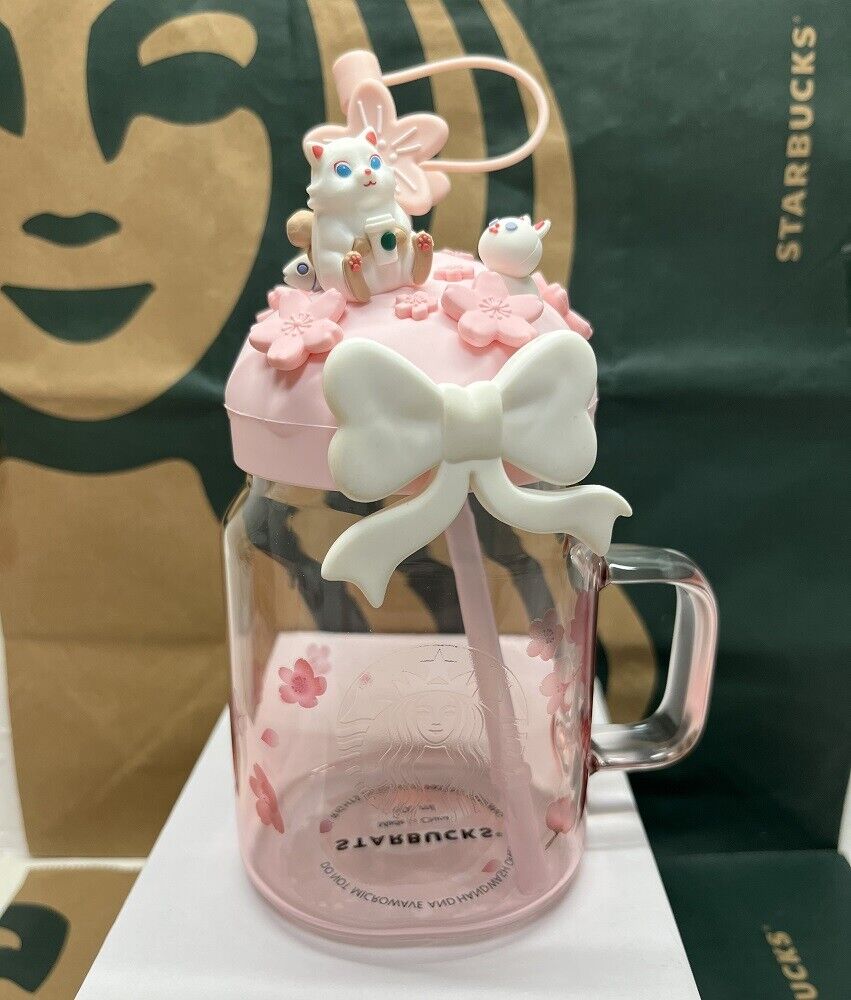 2023 Starbucks Cute Cat Gradient Pink Tumbler + Sakura Topper 20oz Cold Cup Gift