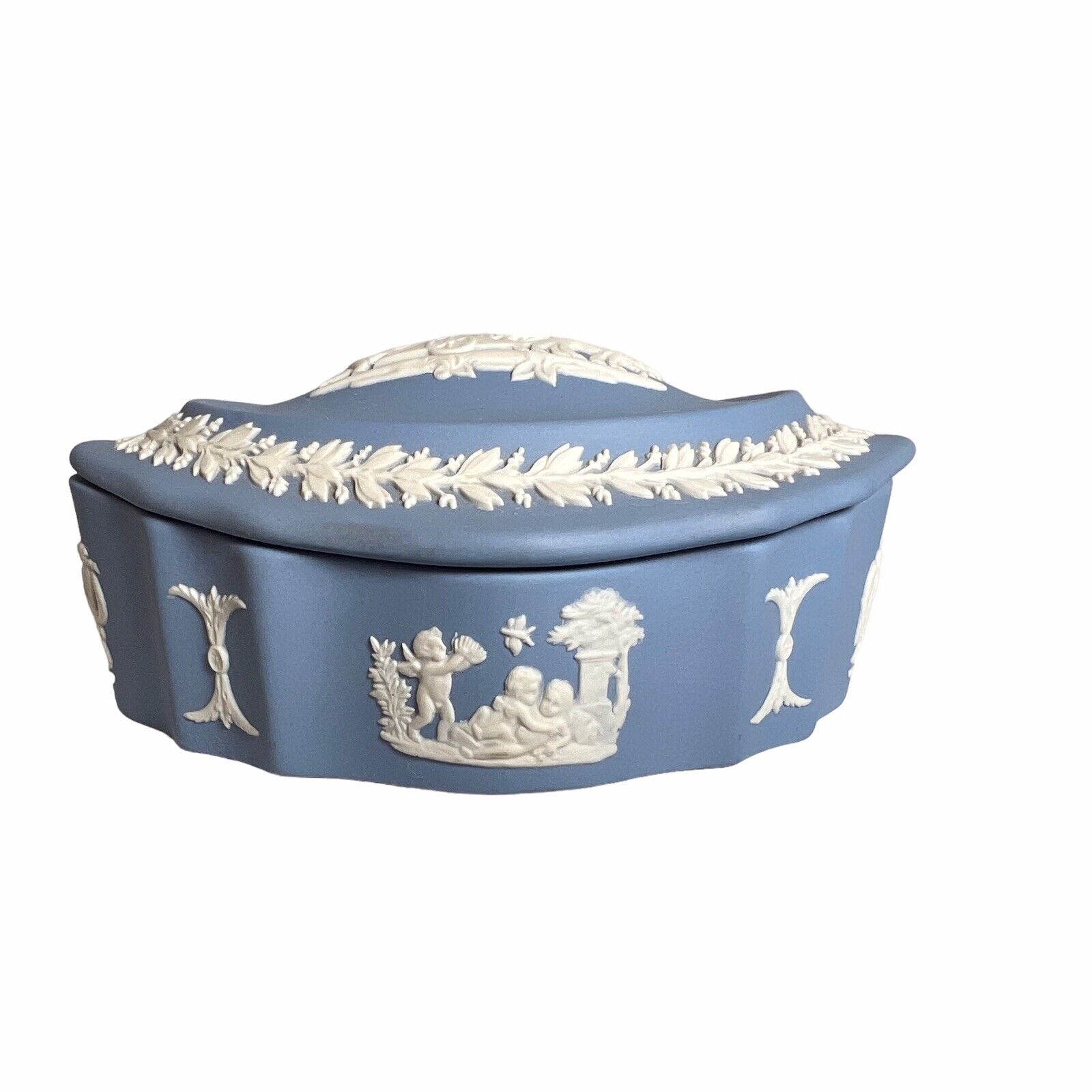 Vintage Wedgwood Jasperware Blue White Cherubs Oval Trinket Box Ceramic England