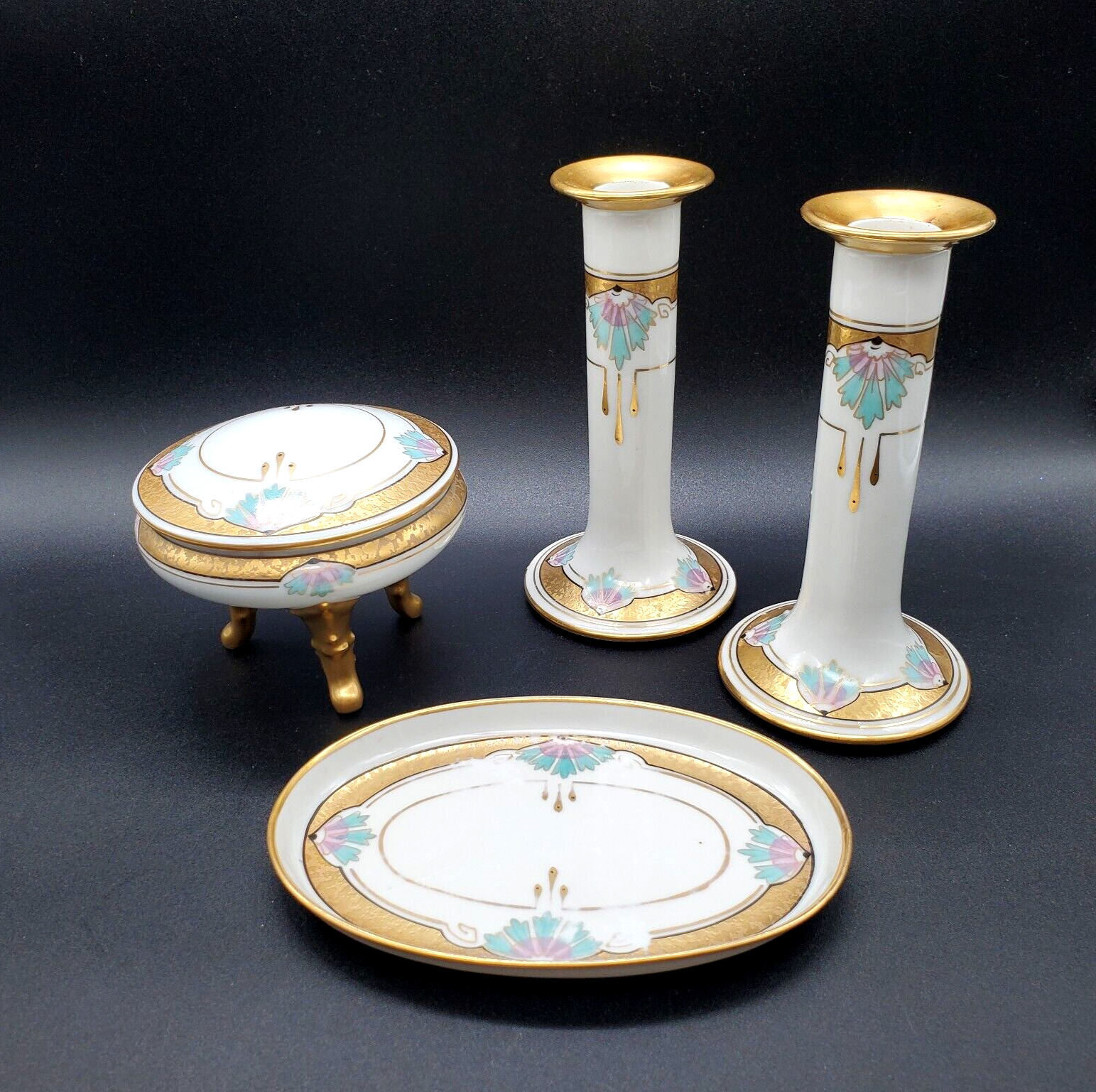Antique Vignaud Limoges Porcelain Art Deco Dresser Set Signed Hand Painted Gold