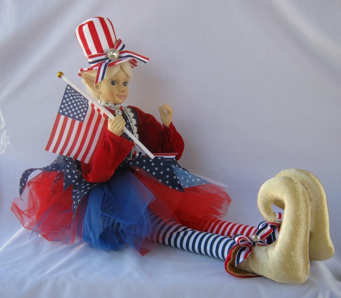 Large Patriotic 4th of July ELF DOLL Richly Decorated Red White Blue Rowley  002