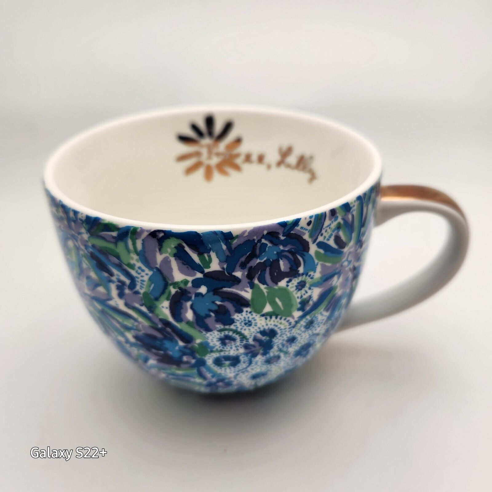 Lilly Pulitzer Coffee Mug Blue Green Floral Gold Handle 12 Oz. SIGNED
