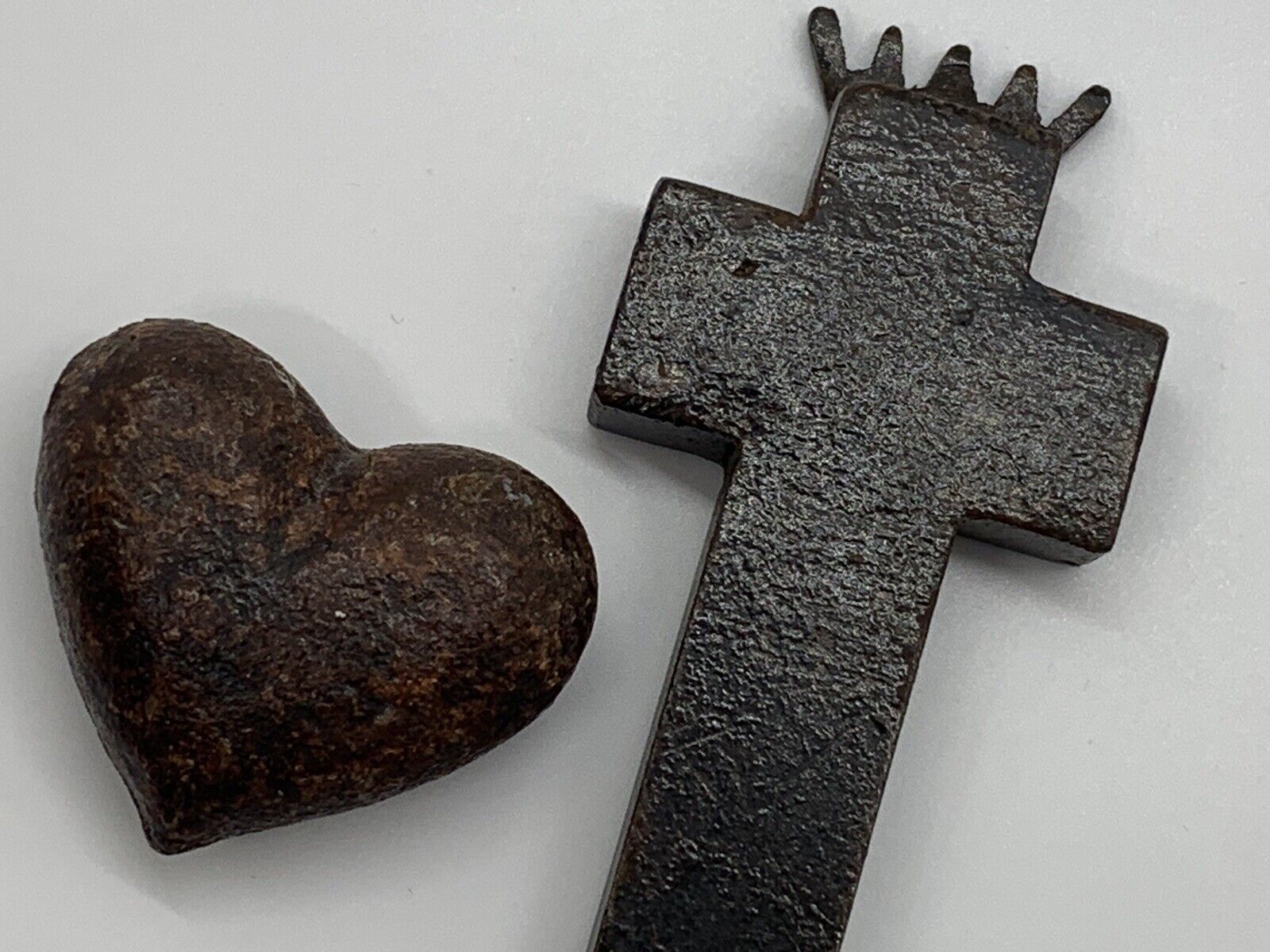 Jan Barboglio Signed 5 1/4 Inch Iron Hand Hammered Cross + molten iron Heart