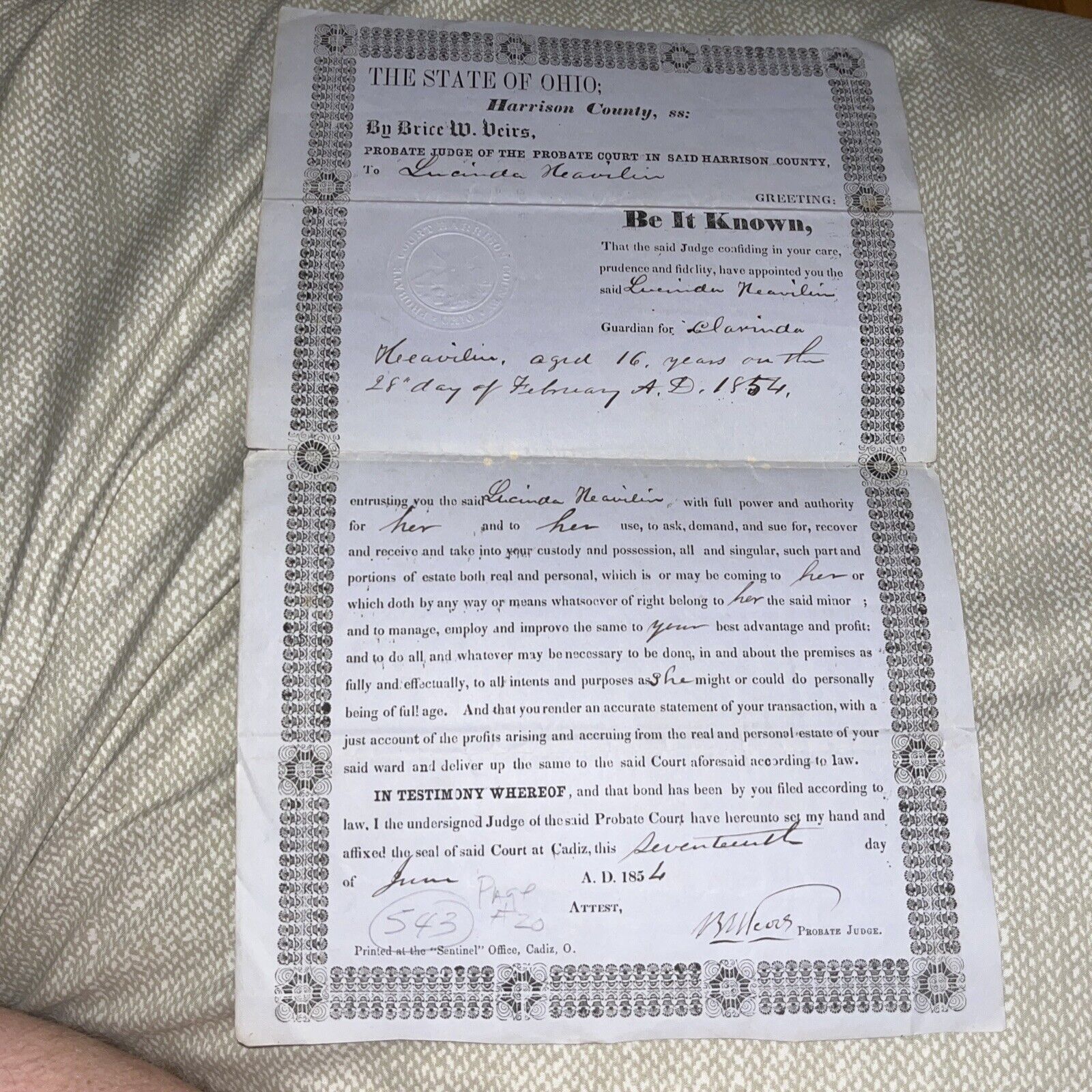1854 Pre-Civil War Harrison County Ohio Probate Judge Guardianship Decree OH