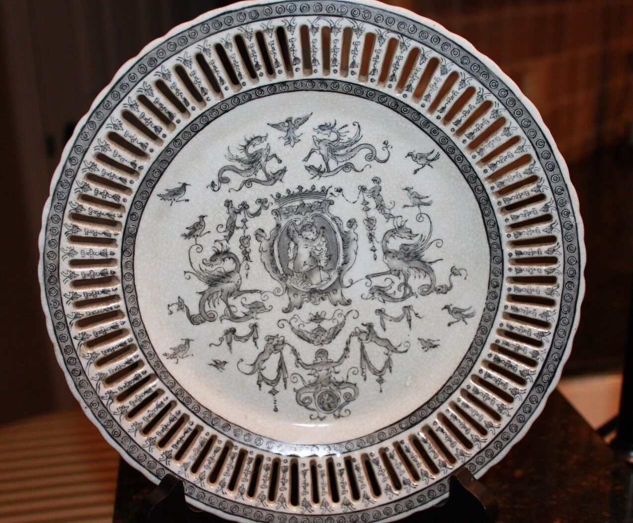 Vintage United Wilson Porcelain Factory Reticulated Cherub Motif Cabinet Plate
