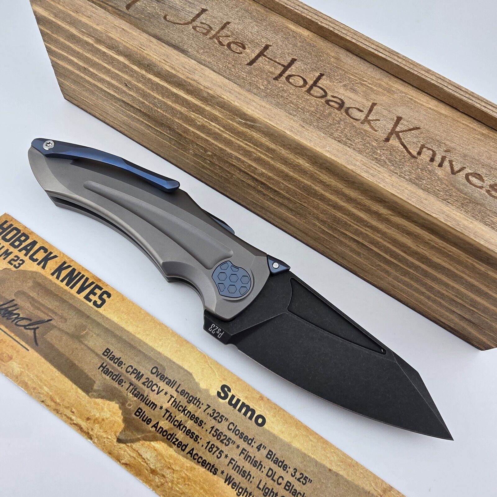 Hoback Knives Sumo Folding Knife Titanium Handles DLC 20CV Blade Blue Accents