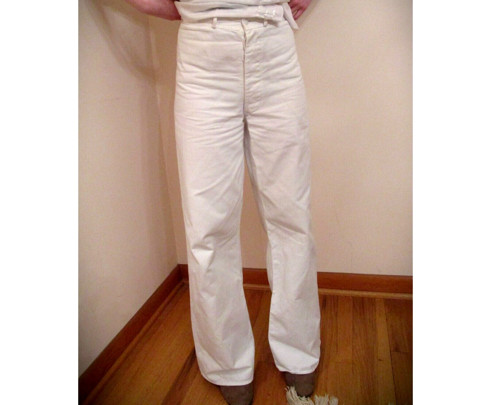 40's Vtg Navy Sailor Pants White High Waist Cotton Button Front Wide Leg 28X30