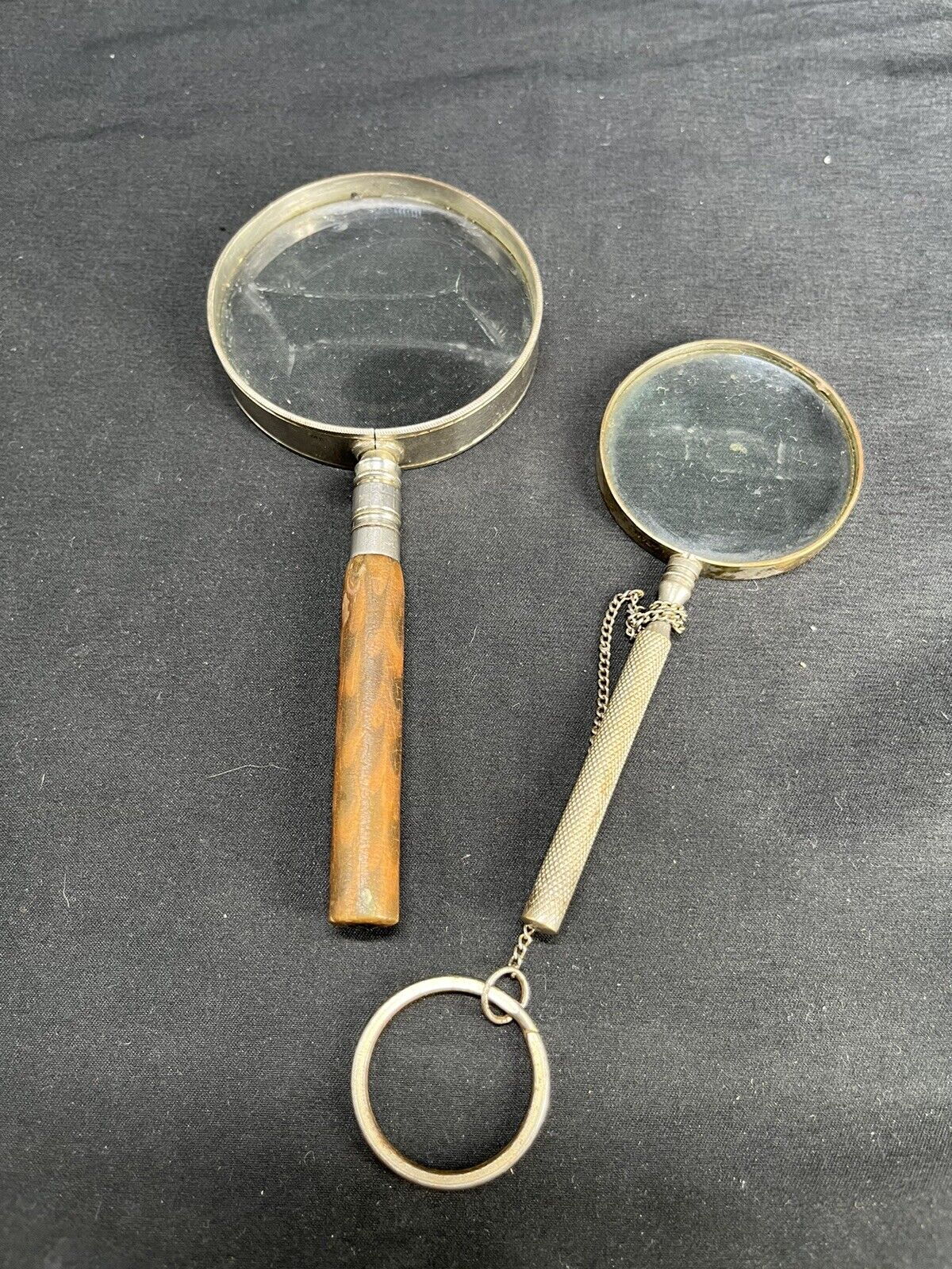 2 Vintage Large Round Magnifying Glass Wooden Handle - Made in Japan