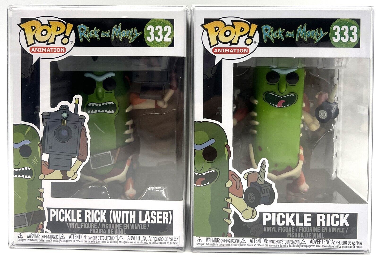 Funko Pop Rick & Morty Pickle Rick #332 & #333 Set of 2  with POP Protectors