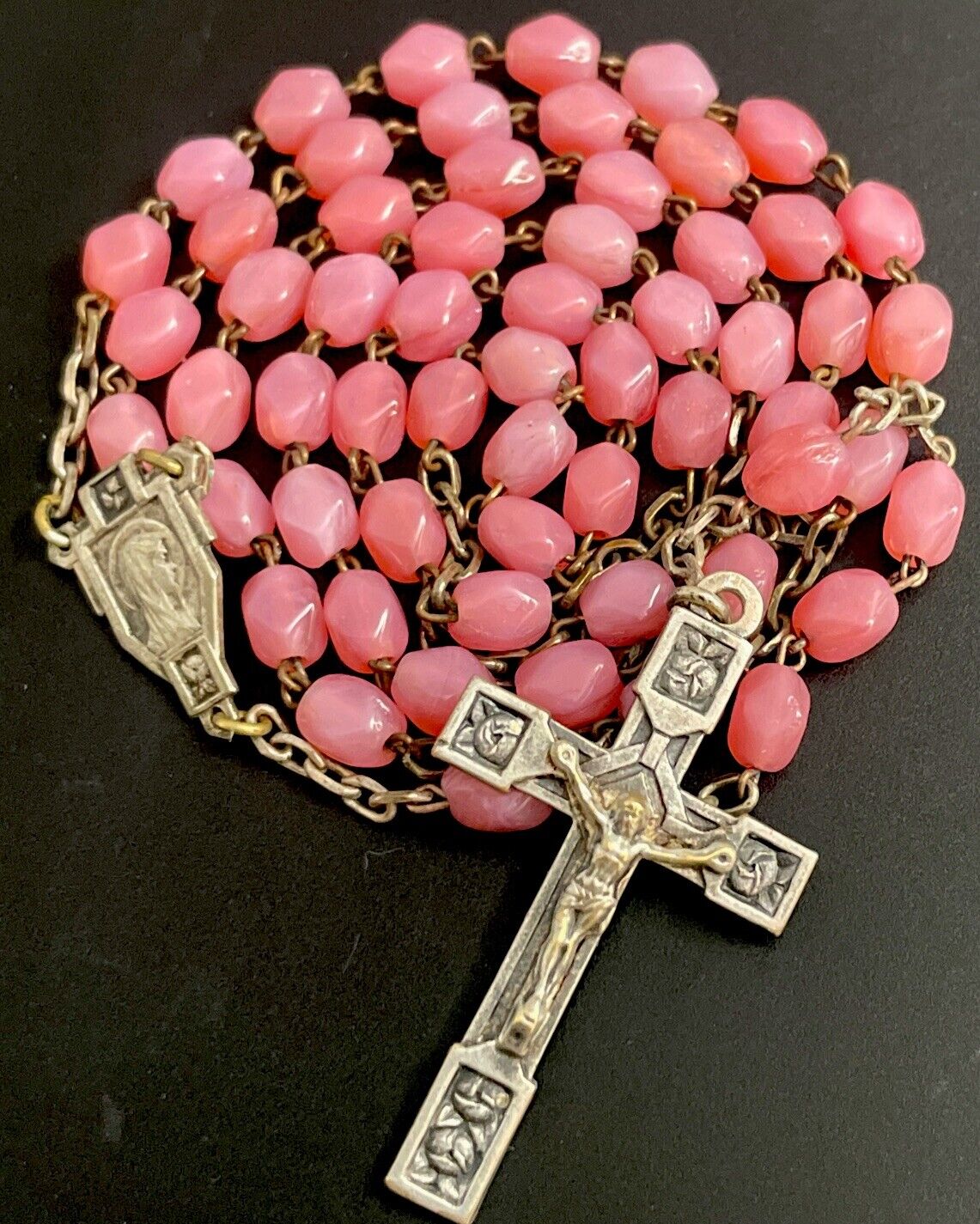 Vintage Catholic Geometric Pink Milk Glass Rosary, Silver Tone Crucifix,France