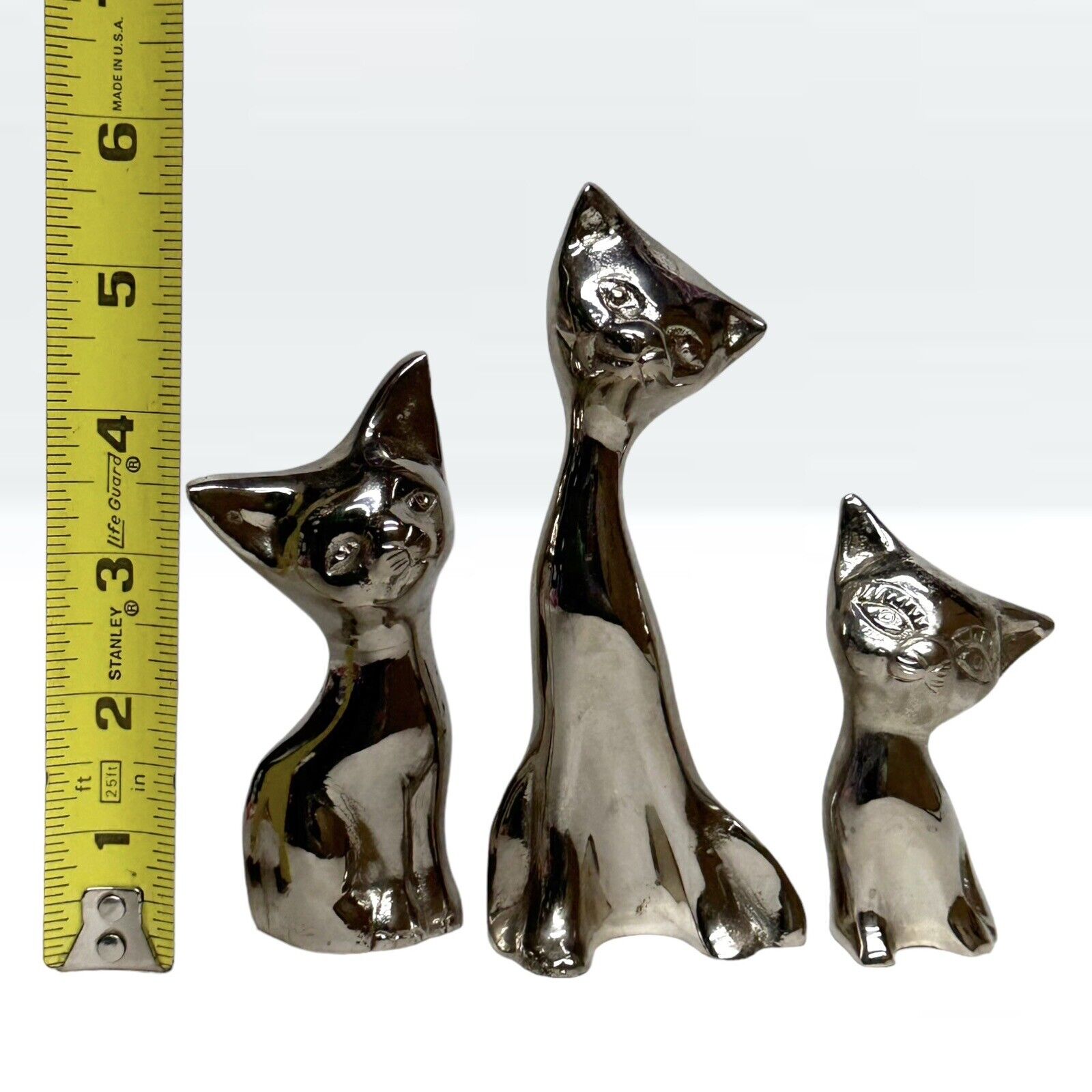 Vintage Mid-Century Modern MCM Chrome Metal Cats Trio Figurines Statues Lot Of 3