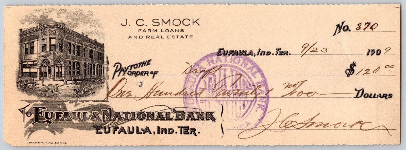 Eufaula Oklahoma 1909 J.C. Smock Eufaula National Bank Check #870 Vignette